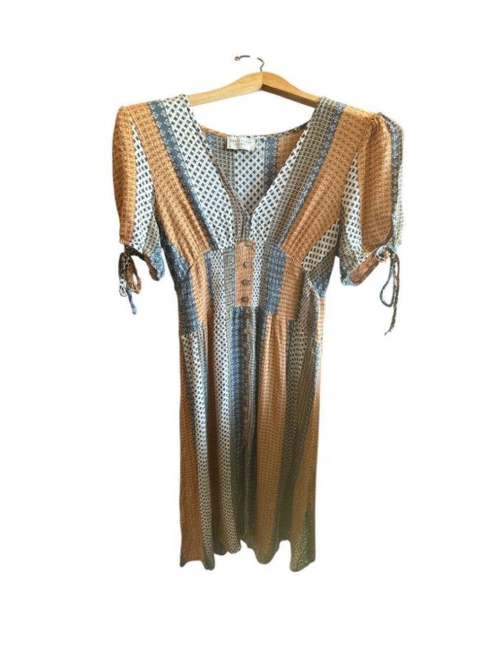 Dress Forum Patchwork Boho Button V-Neck Midi Dress in Rust & Slate Blue Medium